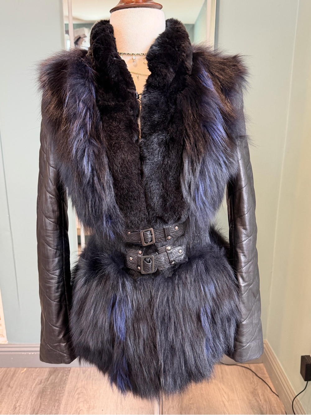 Vintage Black Fox Fur Rabbit Fur Sheepskin Belted Jacket XS/S